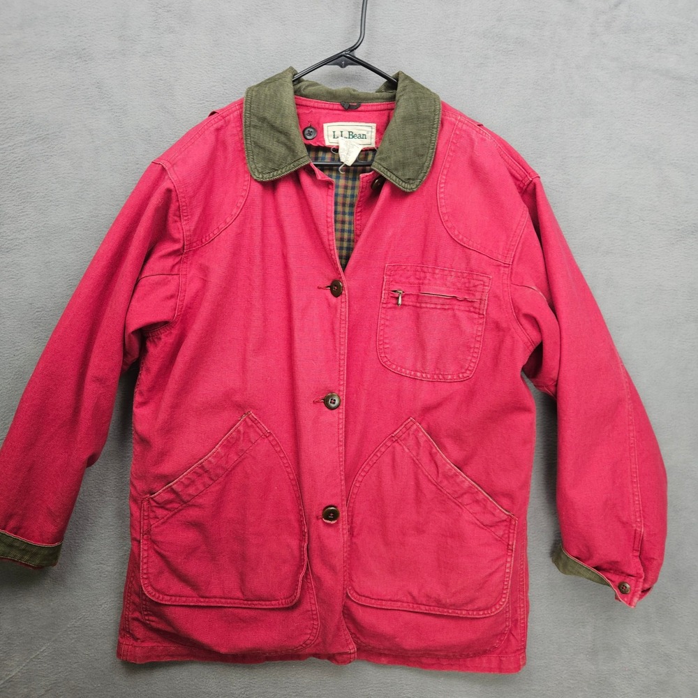 LL Bean Womens Petite Medium Red Canvas Field Coat Plaid Chore Barn Jacket